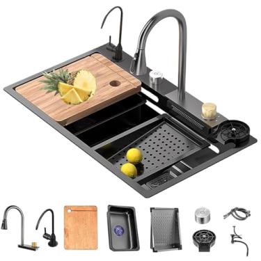 Imagem de Pia de cascata de cozinha profunda preta tigela única de aço inoxidável com torneira e enxágue de copo, pia moderna para estação de trabalho de bar de fazenda com acessórios (80 x 45 cm)