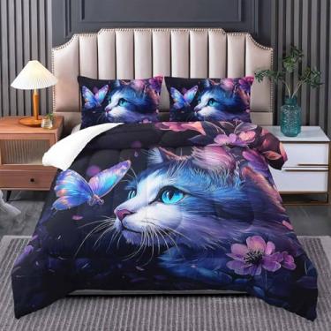 Imagem de Tuzaovy Jogo de cama com estampa de gato, borboleta, para adolescentes, decoração de quarto, edredom kawaii, com 1 colcha e 2 fronhas