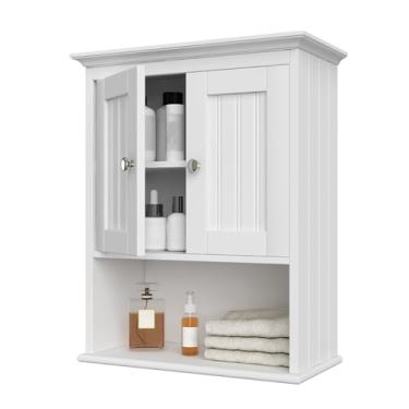 Imagem de Treocho Armário de parede de madeira, armazenamento de armário de remédios de banheiro com portas e prateleira ajustável, armário rústico montado na parede para banheiro, sala de estar, cozinha, armário, branco
