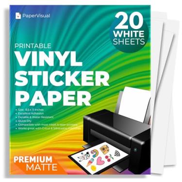 Imagem de PAPERVISUAL Papel de vinil permanente imprimível - 20 folhas de adesivos para impressora - Papel adesivo branco fosco à prova d'água - Papel para impressora adesivo resistente a rasgos - Papel adesivo