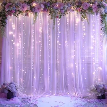 Imagem de Cortina de fundo de chiffon lavanda de 3 x 3 m com luzes para chá de bebê de casamento, pano de fundo roxo claro com luzes para festa de aniversário revelação de gênero sessão de fotos (1,5 x 3 m, 2