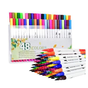Imagem de Canetinhas de Colorir 48 Cores Canetas Ponta Dupla Estojo de Caneta Ma