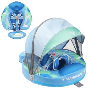 Imagem de Boia de natação Mambobaby com dossel não inflável, cauda atualizada, boia para bebês com dossel de sol removível, boia de natação sem virar para idades de 3 a 24 meses, azul terra