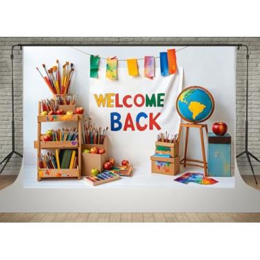 Imagem de Kate 2,1 x 1,5 m Welcome Back to School Mapa-múndi globo fotografia cenários pigmento caneta decoração maçã fundo foto