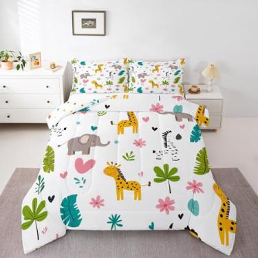 Imagem de Erosebridal Conjunto de cama com estampa de animais zoológicos, estampa de animais de safári, edredom para crianças, meninas, meninos, girafa, elefante zebra, decoração de quarto de animais de safári