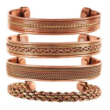 Imagem de INDTRESOR Pulseira magnética de cobre estilo tibetano. Forjada à mão com cobre puro sólido e de alto calibre. Conjunto de 4 designs diferentes.