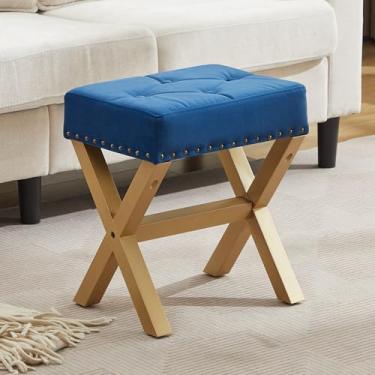 Imagem de XLSLHOMW Banco Vanity – Cadeira otomana quadrada para sala de maquiagem, descanso de pés otomano com pernas de madeira maciça, descanso para os pés acolchoado rústico rebitado, veludo de madeira