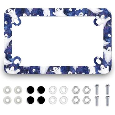 Imagem de Moldura de placa de licença de motocicleta Funny Ghost de aço inoxidável com suporte de placa fofa à prova d'água molduras coloridas para motocicleta acessório de motocicleta 4 furos com parafusos
