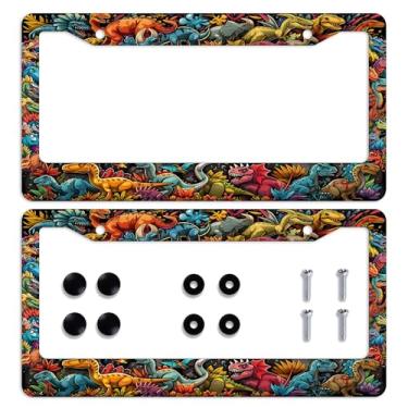Imagem de 2 peças de moldura de placa de carro de dinossauro desenho animado legal colorido placa de carro personalizado aço inoxidável placas de carro engraçadas molduras decorativas para homens mulheres 30 x