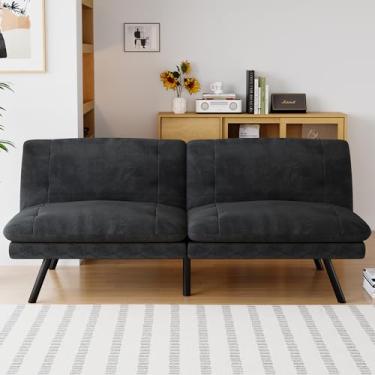 Imagem de AMICLIBER Futon Sofá-cama conversível, sofá cama de linho preto com encosto ajustável, sofá pequeno multifuncional para sala de estar, apartamento, escritório