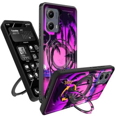 Imagem de Capa para Motorola Moto Edge 2024 5G com suporte magnético giratório de 360°, capa resistente à prova de choque para celular Moto Edge 2024 5G, palmeiras pôr do sol tropical