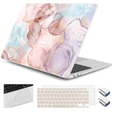 Imagem de Yebiseven Capa para MacBook Air de 13 polegadas M1 2021 2020 2019 2018 modelo A2337/A2179/A1932, capa rígida para laptop com capa de teclado e protetor de trackpad e 2 adaptadores OTG, arte fluida