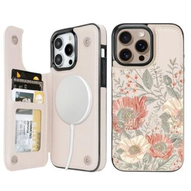 Imagem de uCOLOR Capa carteira para iPhone 13 Pro Max Magsafe com compartimento para cartão 【Compatível com MagSafe】 Design com bloqueio de RFID de couro PU flip folio (flores vintage rosa, iPhone 13 Pro Max)