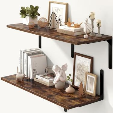 Imagem de Fun Memories Conjunto de 2 prateleiras flutuantes rústicas marrons de 30 cm, prateleira montada na parede com suportes de metal, prateleira de parede de madeira rústica para banheiro, cozinha e sala