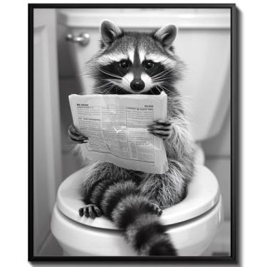 Imagem de uniro Impressões engraçadas de arte de parede de banheiro, guaxinim preto e branco no banheiro, decoração de parede, pintura de impressão em tela de animal fofo, pôster de arte de parede de sinais de