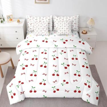 Imagem de Erosebridal Jogo de lençol solteiro com estampa kawaii, cereja, 7 peças, estampa kawaii, fruta e laço vermelho, para decoração de quarto de meninos e meninas e adolescentes