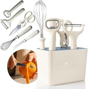 Imagem de Kit Cozinha Completo 6 Peças Faca Multiuso Tesoura Descascador Abridor de Garrafa Batedor Manual Suporte Organizador