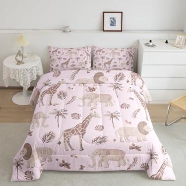 Imagem de Feelyou Jogo de cama solteiro com estampa de animais selvagens, elefante e leão, girafa, safári africano, para crianças, meninos, meninas, caçador, rosa, ferrugem e vida selvagem