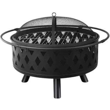 Imagem de Lareira Externa Jardim Portátil Redonda Metal Preta Elegante Fogueira Desmontável com Grelha e Protetor de Faísca 75cm