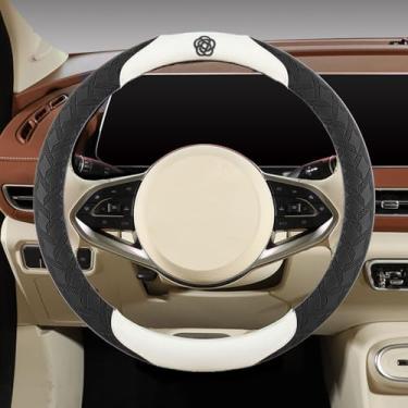 Imagem de Capas de volante de microfibra elástica para mulheres, ajuste universal, carro de 38 cm, linda flor de camélia, antiderrapante, respirável, absorvente (preta)