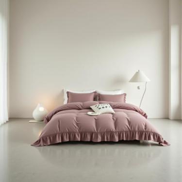 Imagem de Conjunto de capa de edredom com babados malva – roupa de cama chique gasto romântica em tamanhos casal, queen e king, capa de edredom 100% algodão lavado com fecho de botão – Conjunto de edredom