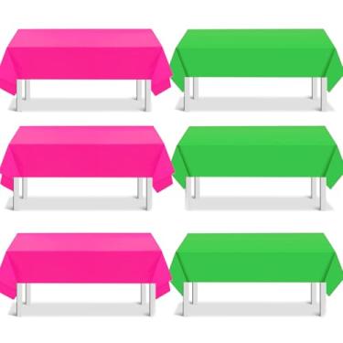 Imagem de Pacote com 6 toalhas de mesa de plástico rosa e verde, retangular, 137 x 274 cm, capa de mesa de bruxa descartável à prova d'água para decoração de festa de chá de bebê infantil