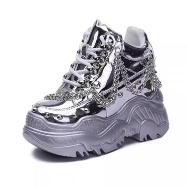 Imagem de Primavera Outono Plataforma Aumento de Altura Corrente de Metal Rebite Couro Genuíno Mulheres Cor Arco-íris Tênis Sapatos Senhoras Cunhas Bombas 2401, Prata, 35