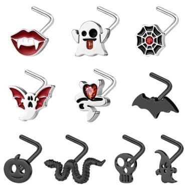 Imagem de BodyAce Anéis de nariz de 20 g para Dia das Bruxas, brincos de narina, aço inoxidável, piercing de nariz em forma de L, caveiras de morcego, abóboras, joias de Halloween, Aço inoxidável Zircônia