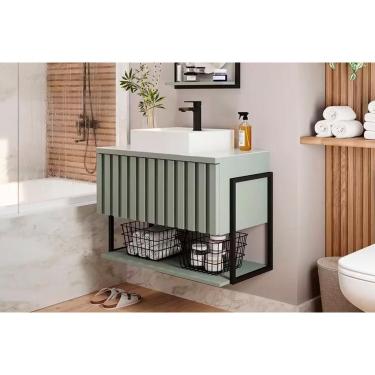 Imagem de Gabinete de Banheiro Suspenso Frisê Havaí Ripado c/ Cuba 1 Porta Basculante e Tampo Vidro 80 cm Pistache/Freijo - MGM