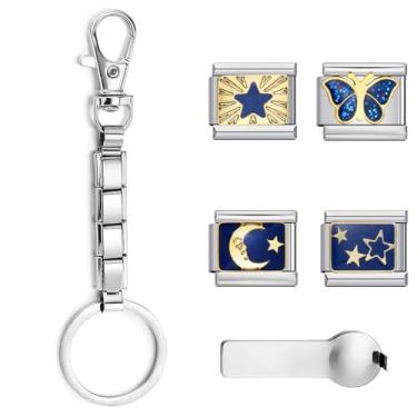 Imagem de GEMOSA Conjunto de chaveiro italiano para mulheres e homens – chaveiro modular de aço inoxidável com 4 pingentes (borboleta, lua, estrela) e abridor, serve para elos de 9 mm, kit de presente DIY