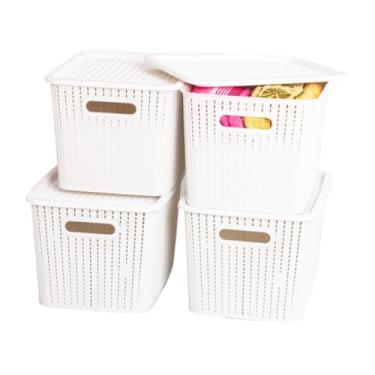 Imagem de Cesto Organizador com Tampa Caixa Organizadora de Plástico Multiuso Cesta Organizadora para Armazenamento Caixas Organizadoras(Branco)