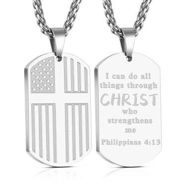Imagem de Yanxyad Cruz etiqueta de cão bandeira americana versículo bíblia colar de aço inoxidável corrente pingente militar joias religiosas presentes para homens adolescentes 55 + 5 centímetros, Medium, Aço