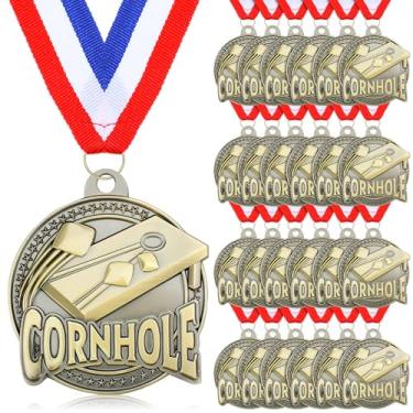Imagem de Cunno 24 medalhas Cornhole a granel 5 cm fitas de prêmio de buraco de milho medalha de metal dourado com fita de pescoço para torneios de dia de esportes em equipe, festa de aniversário, troféu