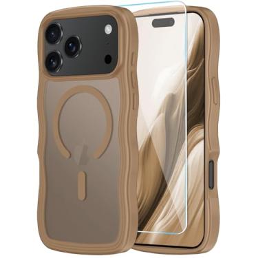 Imagem de SunStory Capa compatível com Phone Pro 17 com protetor de tela HD, [compatível com MagSafe] Capa de telefone fosca translúcida ondulada fofa para Phone Pro 17, café