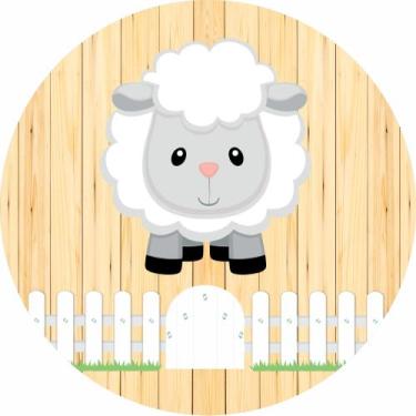 Imagem de Painel de Lona Redondo Ovelha Fundo de Madeira e Cerca - Fabrika De Fe