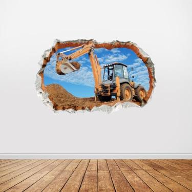 Imagem de iinuu Adesivo de parede de escavadeira para crianças, decalque de parede de veículo de construção 3D com efeito de parede rachado, decoração legal de caminhão escavador para quarto de meninos ou zona