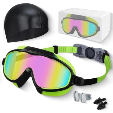 Imagem de Óculos de natação para crianças, antiembaciamento, proteção UV e ampla visão de natação e touca de natação para crianças de 3 a 15 anos