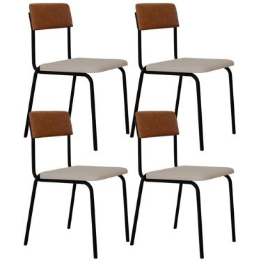 Imagem de Kit 04 Cadeiras Estofada Para Sala De Jantar Sense Preto C01 Linho Palha Courino Caramelo - Lyam Decor