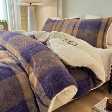 Imagem de Cyusri Conjunto de edredom de lã de ovelha xadrez, 3 peças, alternativo de lã quente, cáqui, azul, quadriculado, com 2 fronhas, tamanho king 264 x 228 cm