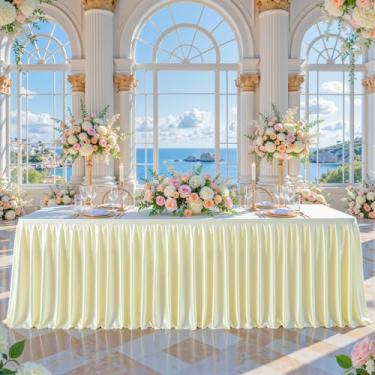 Imagem de Roupas de mesa de cetim champanhe para mesas retangulares de 2,3 m – Toalhas de mesa retangulares com glitter resistentes a vincos, capas de mesa de festa para banquete de casamento, chá de bebê