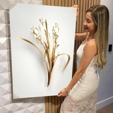 Imagem de Quadro Decorativo Canvas Flores Brancas e Douradas Vertical (CAN1228)