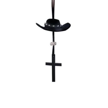 Imagem de RUIFUU Chapéu de cowboy e pingente de carro cruzado, chapéu de cowboy para espelho de carro pendurado com pingente de cross country, gancho de espelho retrovisor decorativo para mulheres, acessórios