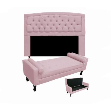 Imagem de Cabeceira Geovana + Calçadeira Fênix Para Quarto Casal 140cm Suede Rosa Bebe - LM DECOR
