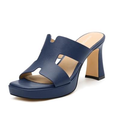 Imagem de WAYDERNS Sandálias femininas plataforma de salto alto quadradas, bico aberto, com salto bloco de 7,6 cm, confortável, sem cadarço, para festa de formatura, casamento, convidada, Azul marinho, 40