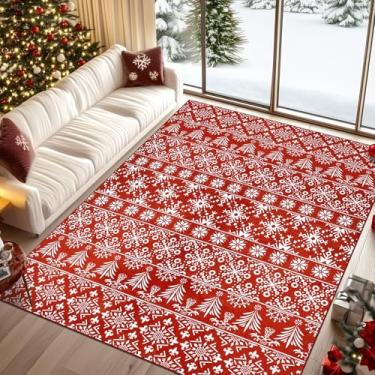 Imagem de Findosom Tapete lavável de Natal, 15 x 23 cm, tapete grande macio antiderrapante com floco de neve vermelho, tapete de lã sintética de lã baixa para sala de estar, corredor, cozinha, entrada, quarto e