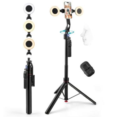 Imagem de Kalofaye Tripé de rastreamento de rosto automático rotação 360, suporte de tripé de abertura automática para iPhone e Android com luz, sem aplicativo, com controle remoto e por gestos, suporte de