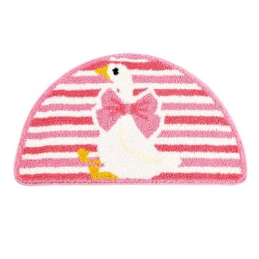 Imagem de LSYESDLA Lindo ganso com laço, tapete de banheiro com listras rosa, tapete de banho kawaii, lavável, macio, adornado, antiderrapante, tapete de porta para casa (45 x 80 cm, ganso)