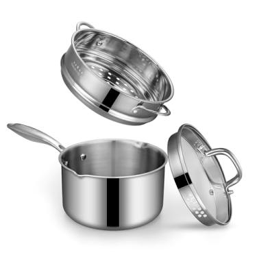 Imagem de Panela de aço inoxidável de três camadas com cesta de vaporizador e tampa de vidro para coar — Panela multifuncional 2 em 1 para cozinhar a vapor, ferver e ferver — utensílios de cozinha saudáveis