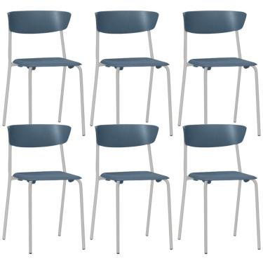 Imagem de Kit 06 Cadeiras Empilhável Fixa F02 Base Aço Cinza Azul - Lyam Decor