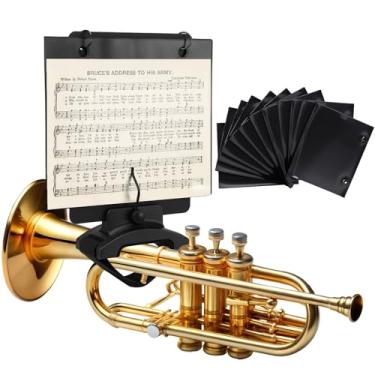 Imagem de Feifeiya Conjunto de 2 liras ajustáveis para trompete com pasta flip, lira de trompete de madeira com 24 folhas de partitura dupla face para flauta de clarinete, trombone e saxofone